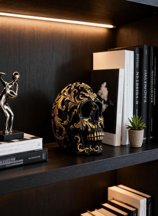 CHDL Halloween Skull Decor, Realistic Skeleton Skull Head Statue, Gothic Resin Skull Figurine with Gold Designs, 3.62 Inch Fake Skull for Decorations, Party, Home, Desk Skull Head Decor - Image 5